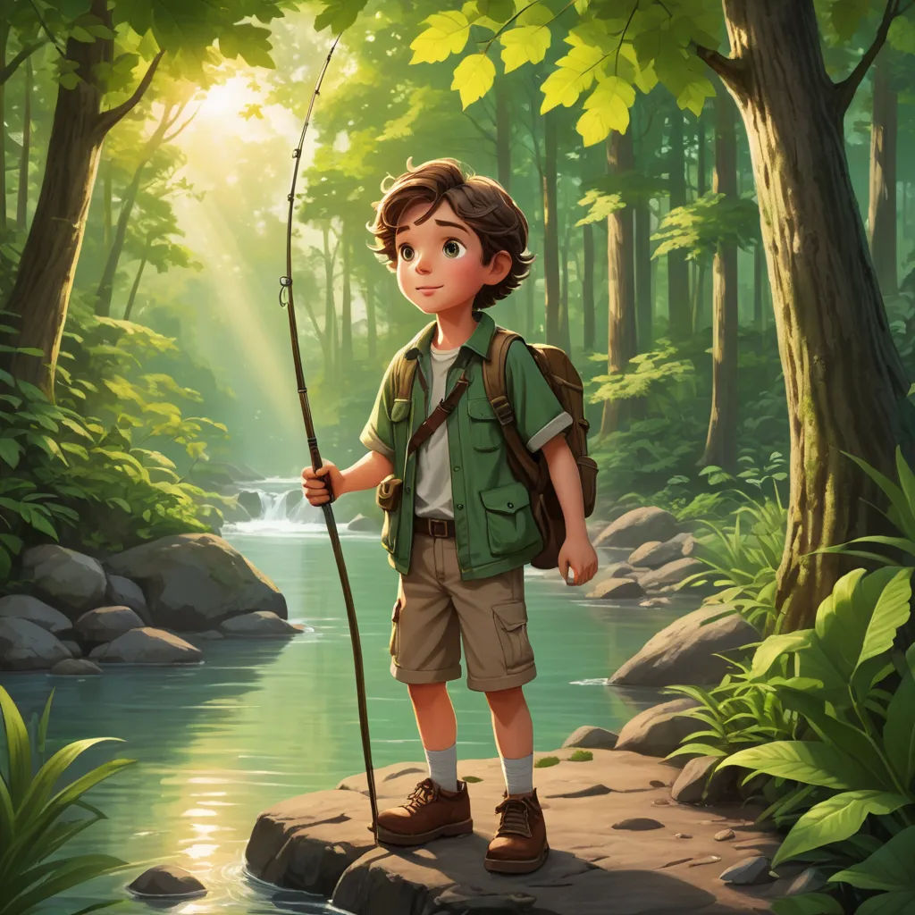 a boy with a backpack and a fishing rod stands on a rock in a forest with a stream and a waterfall, american scene painting, a storybook illustration, Diego Gisbert Llorens, 2 d game art