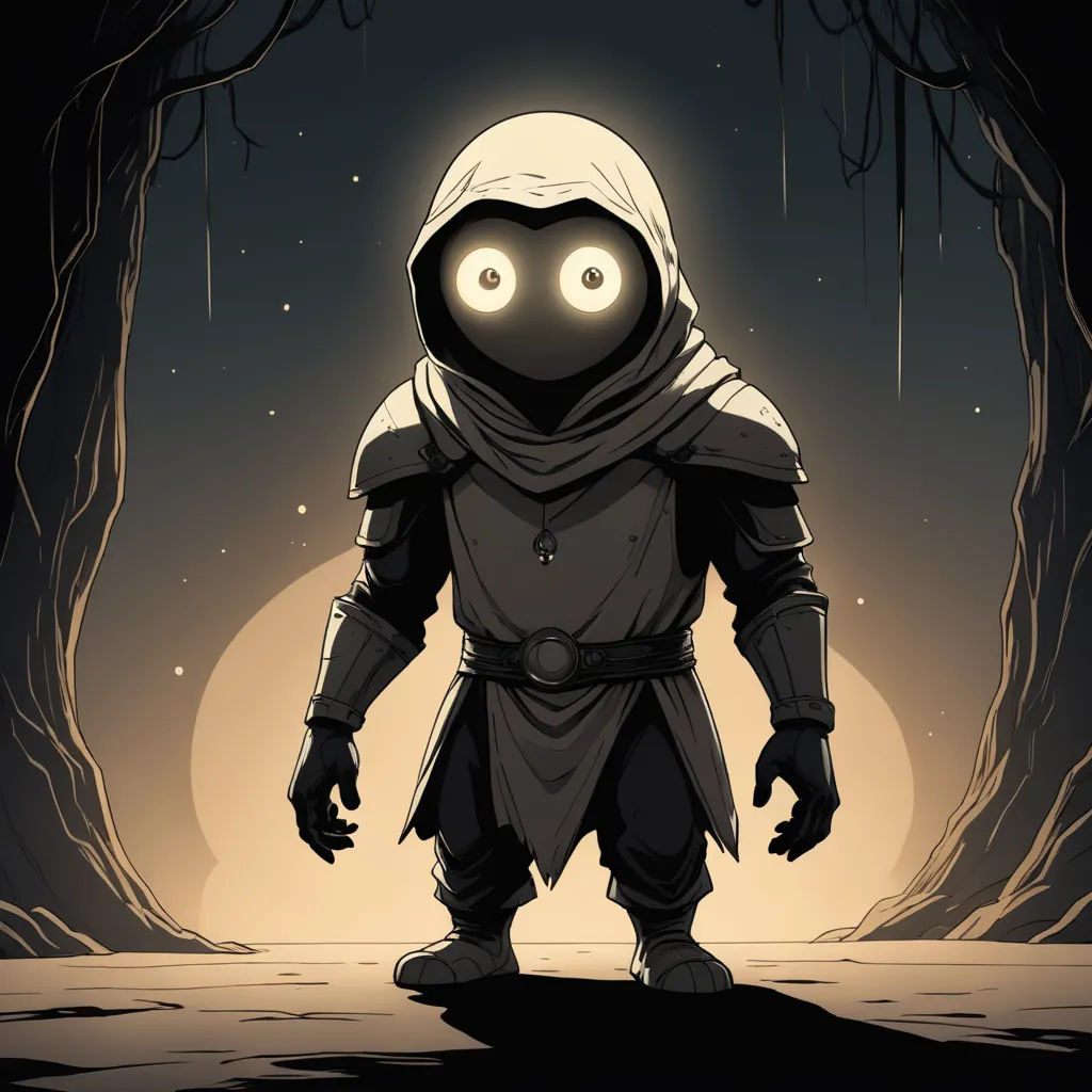 a cartoon character with glowing eyes in a dark forest with a full moon in the background and a tree, sots art, concept art, ESAO, glowing eyes