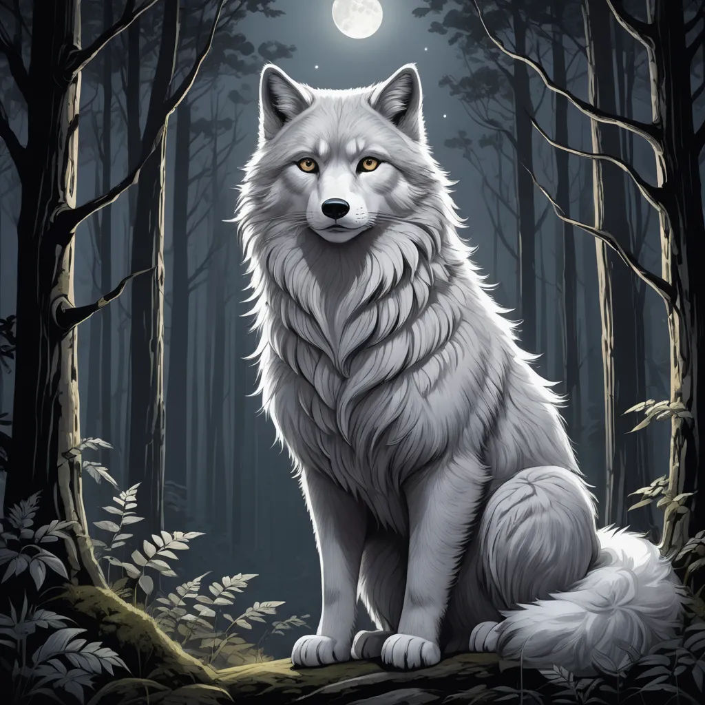a white wolf sitting in the middle of a forest under a full moon light with a full moon in the background, furry art, a character portrait, Anne Stokes, majestic