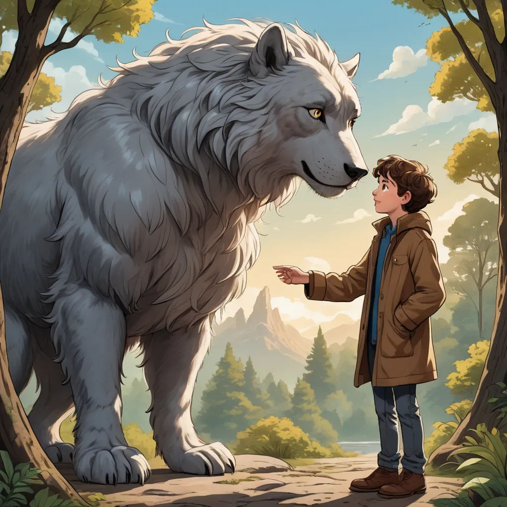 a boy standing next to a white wolf in a forest with trees and mountains in the background, with a man pointing at the wolf, furry art, a storybook illustration, Aaron Jasinski, official art