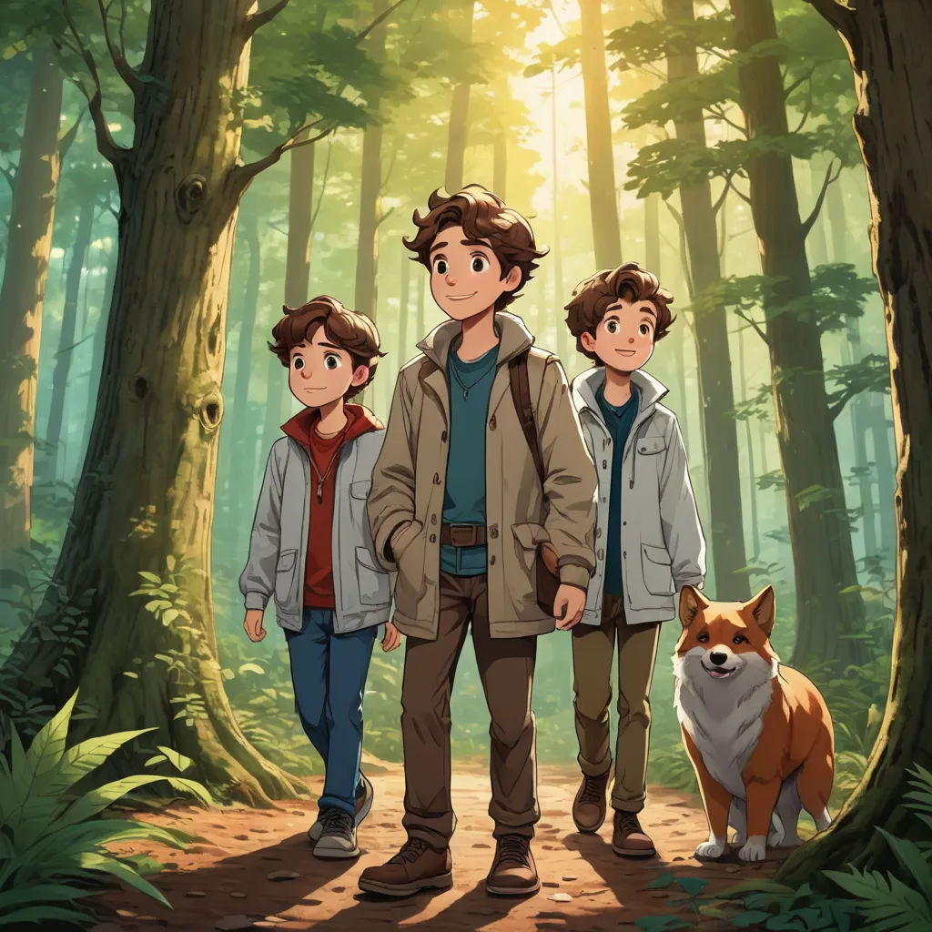 a man and two boys standing in the woods with a dog and a fox behind them, with the sun shining through the trees, sots art, concept art, Adam Manyoki, official art