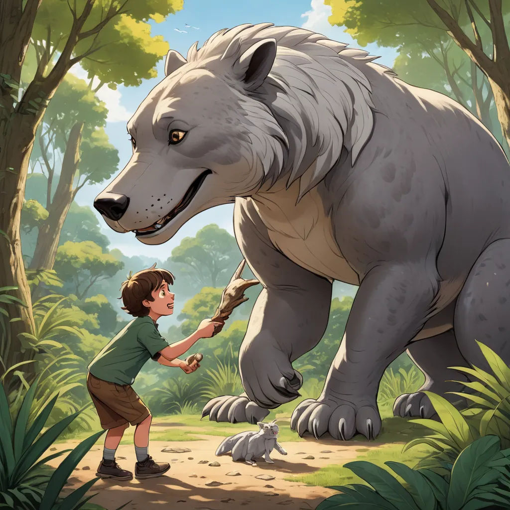 a boy is standing in front of a large bear in the woods with a stick in his hand and a bear on his shoulder, furry art, a storybook illustration, Diego Gisbert Llorens, official art