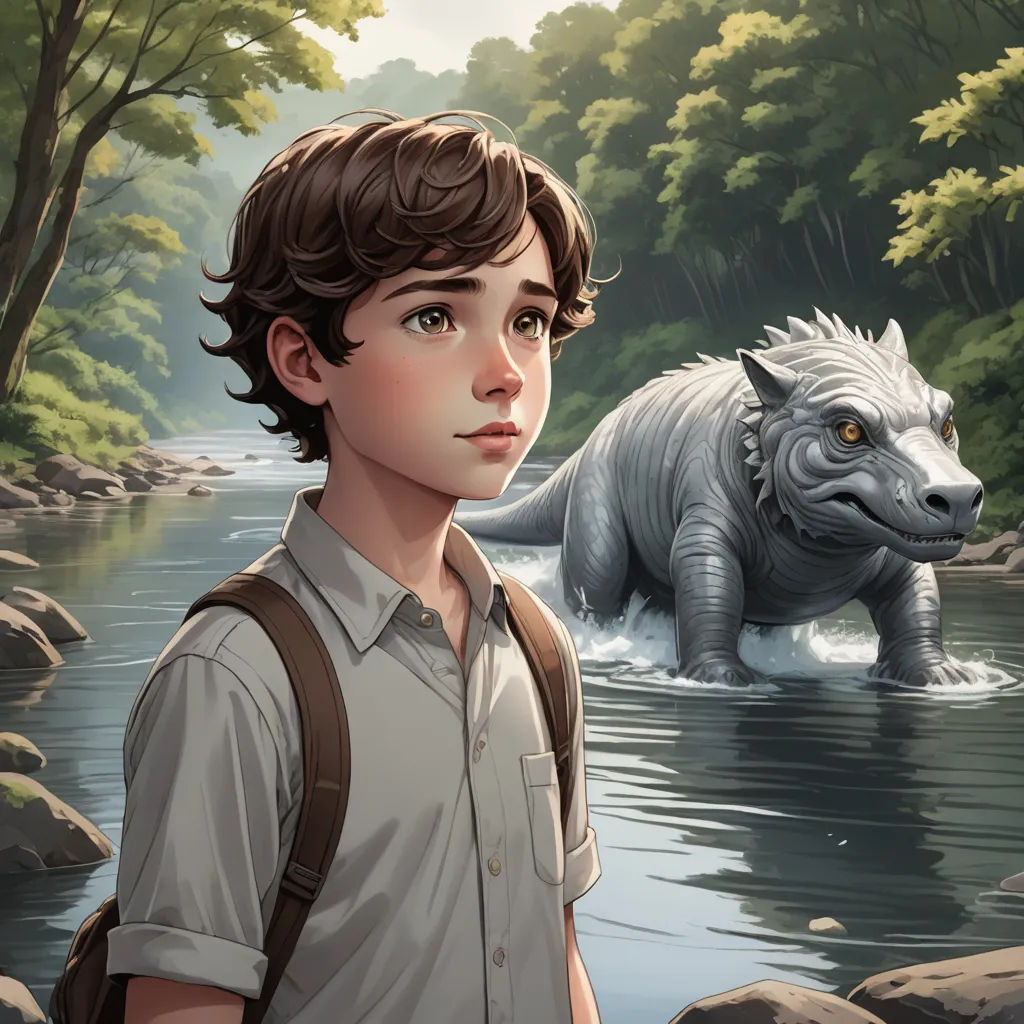 a boy standing in a river next to a white dragon and a boy in a brown shirt and backpack, photorealism, a storybook illustration, Clint Cearley, promotional image
