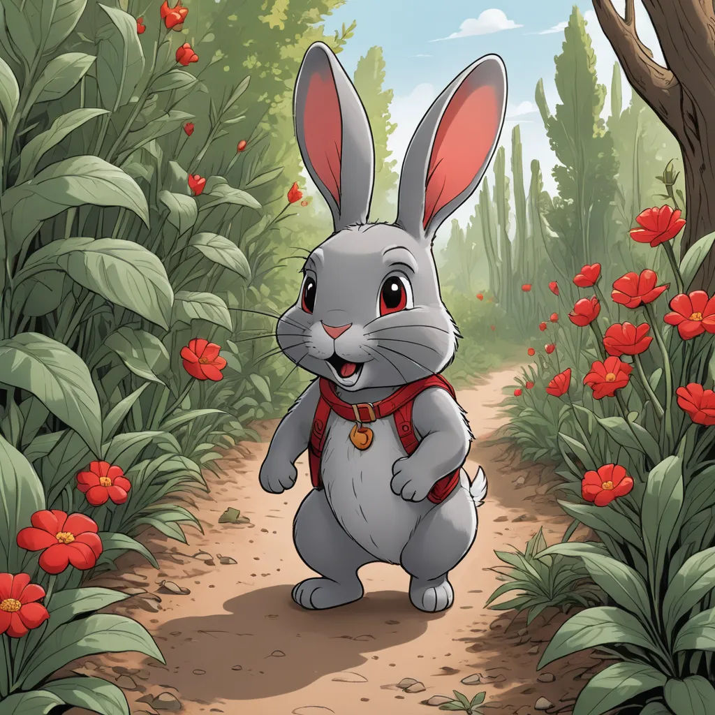 a rabbit is standing in the middle of a forest with red flowers and a trail with a trail marker, sots art, a character portrait, Beatrix Potter, character portrait