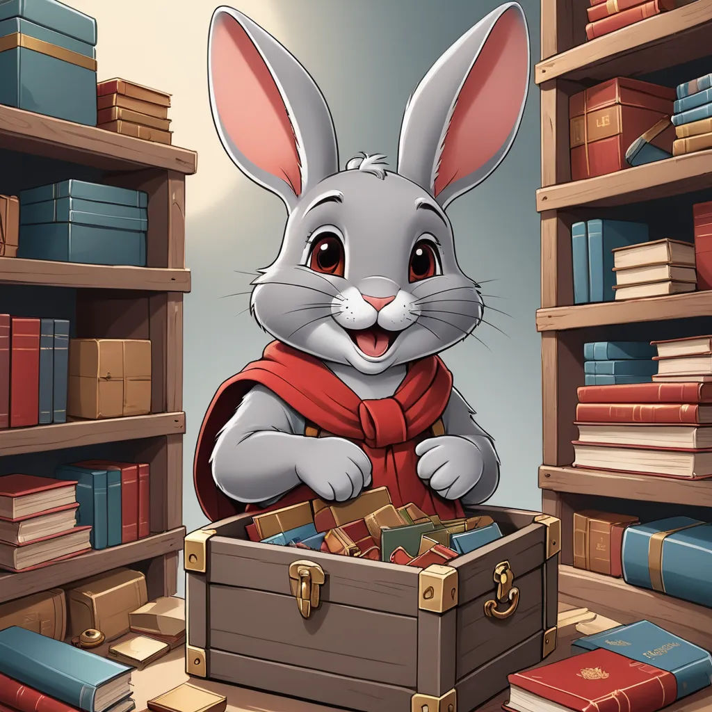 a rabbit in a library with a chest of books and a bookcase full of books and books on the shelves, furry art, a storybook illustration, Beatrix Potter, storybook illustration