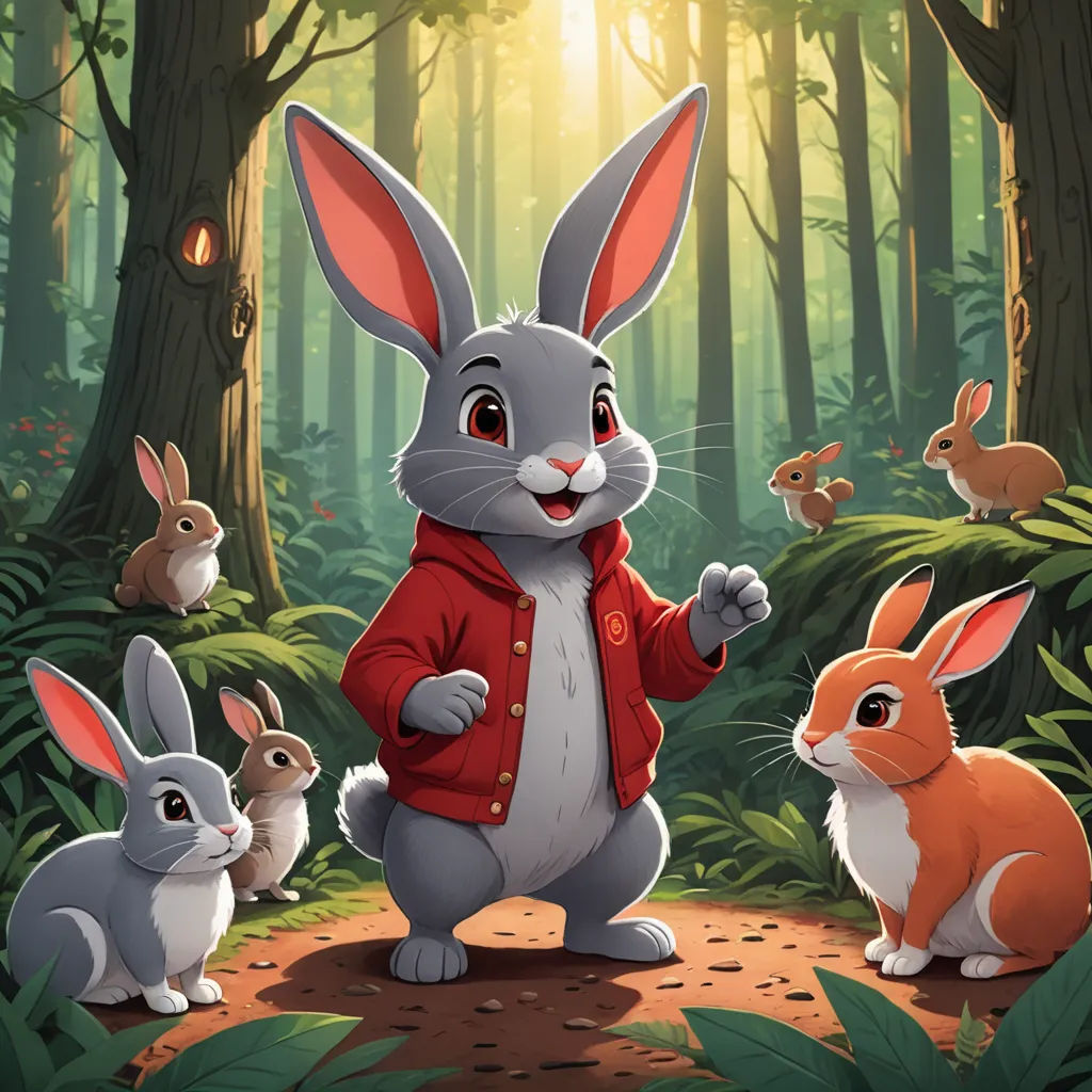a rabbit in a red jacket surrounded by rabbits in a forest with trees and bushes, with a sun shining through the trees, furry art, a storybook illustration, Chris LaBrooy, rossdraws global illumination