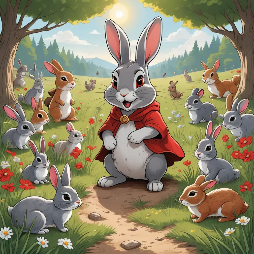 a cartoon rabbit with many rabbits in a field of flowers and trees, with a sun in the background, furry art, a storybook illustration, Beatrix Potter, comic cover art