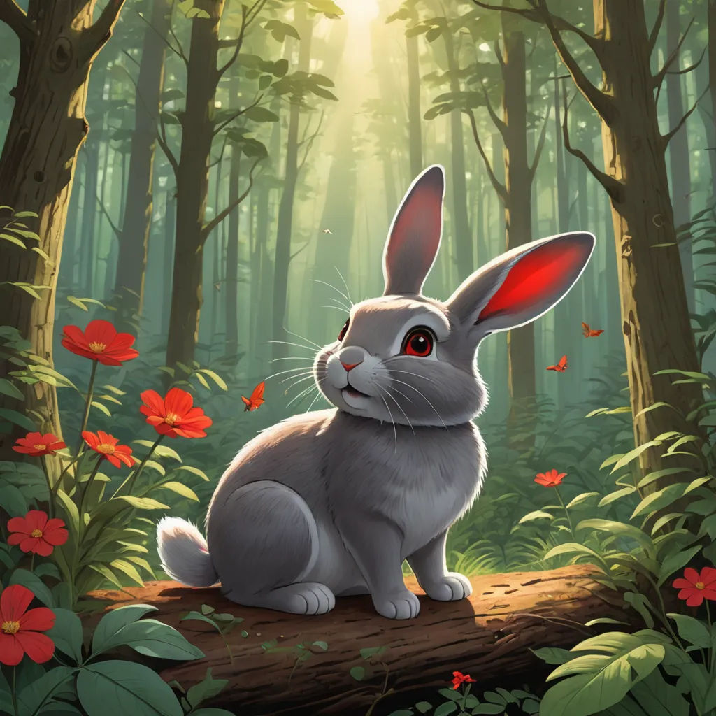 a rabbit sitting on a log in a forest with red flowers and a sunbeam in the background,, altermodern, a storybook illustration, Aaron Jasinski, rossdraws global illumination