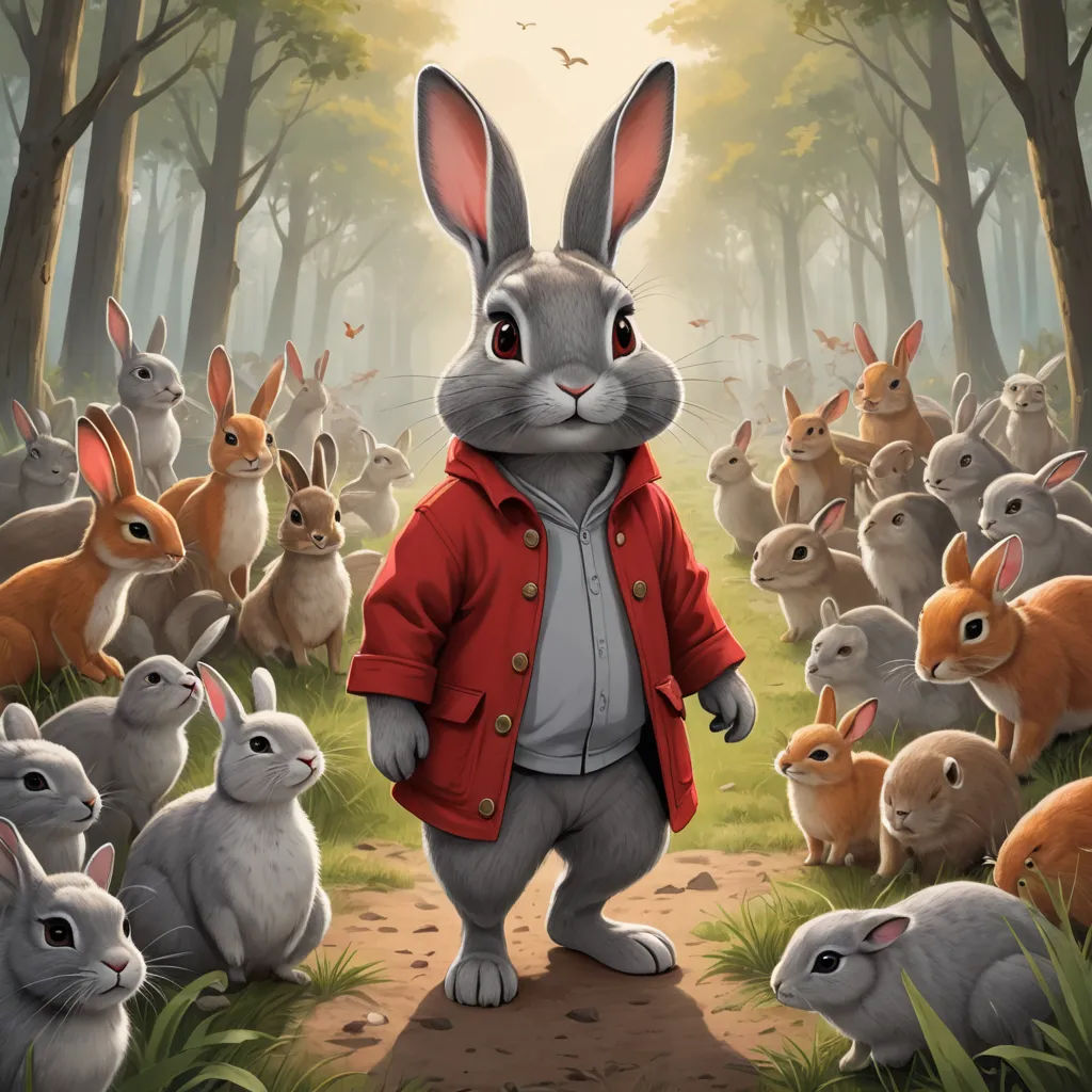 a rabbit in a red jacket standing in front of a group of rabbits in a forest with trees and grass, furry art, poster art, Chris LaBrooy, official art