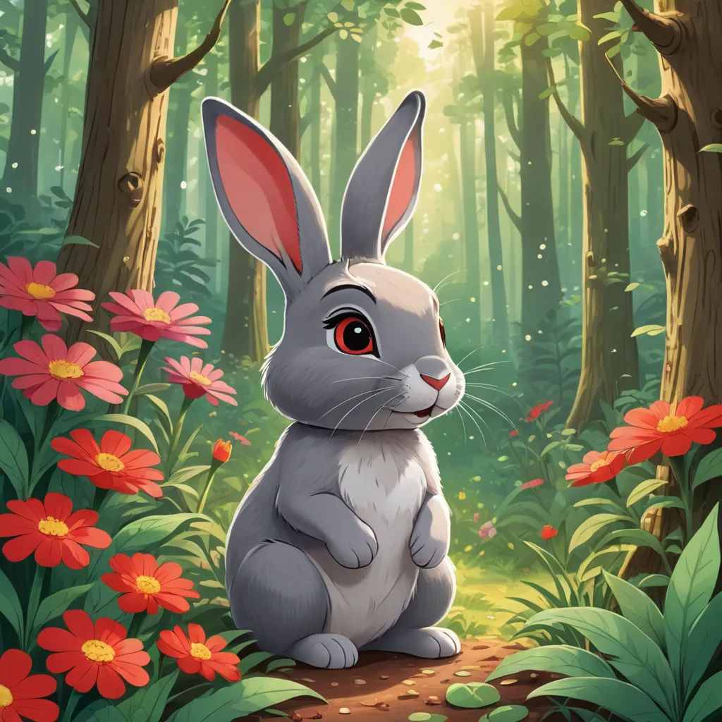 a rabbit sitting in the middle of a forest with flowers around it and a forest background with red flowers, furry art, a storybook illustration, Daphne McClure, rossdraws global illumination