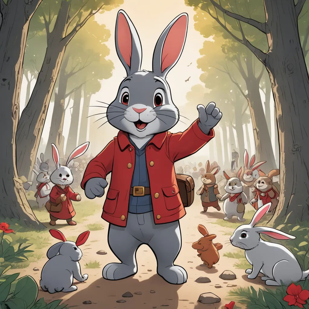 a cartoon rabbit with many rabbits in the woods behind him, and a man in a red jacket and tie, furry art, a storybook illustration, Beatrix Potter, official art