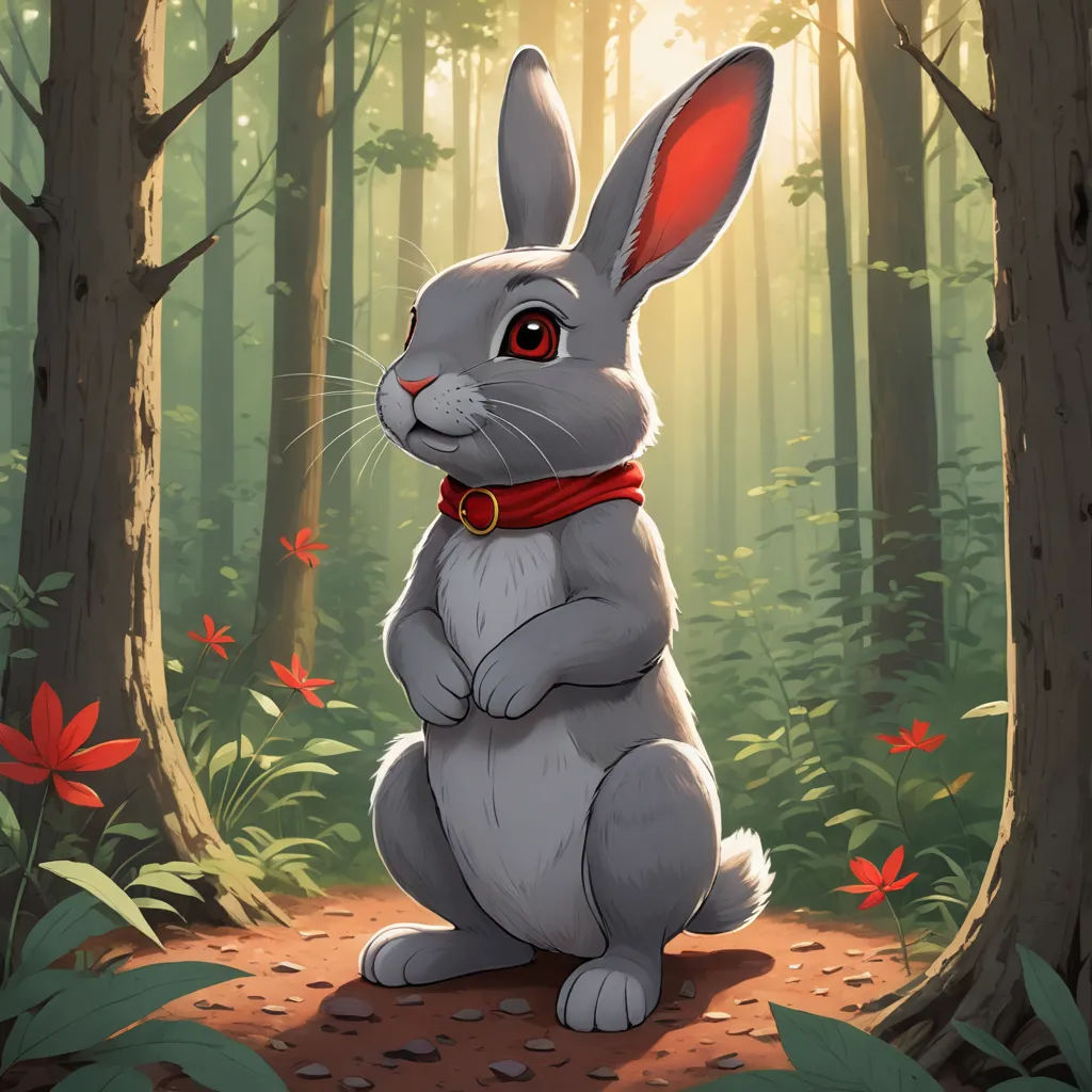 a rabbit sitting in the middle of a forest with red flowers around it's feet and a red collar around its neck, furry art, a character portrait, Chris LaBrooy, rossdraws global illumination