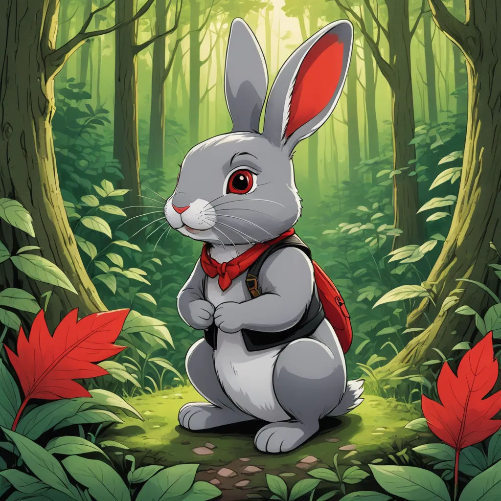 a rabbit with a backpack sitting in the forest with leaves around it and a forest background with red leaves, sots art, a character portrait, Beatrix Potter, character portrait