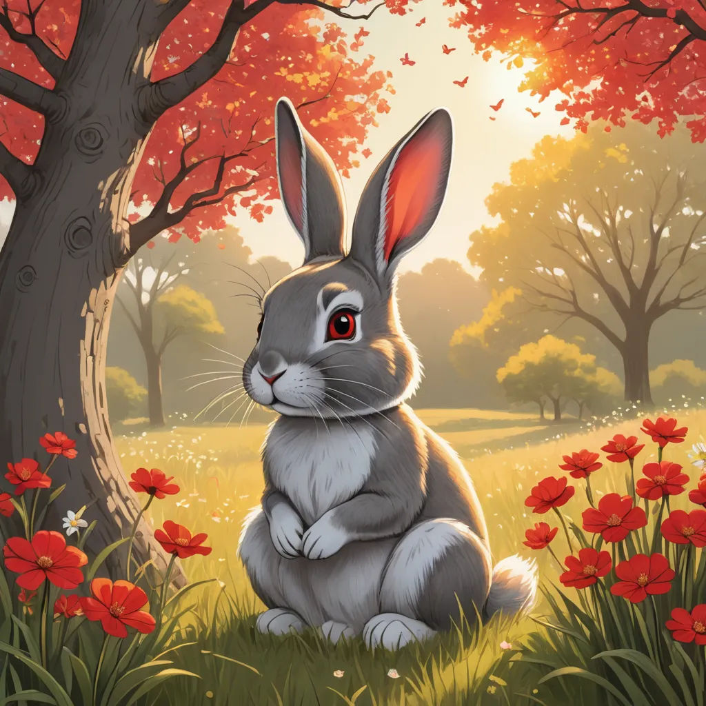 a painting of a rabbit sitting in a field of flowers and trees with a red eye on its face, fantasy art, a storybook illustration, Anne Stokes, rossdraws global illumination