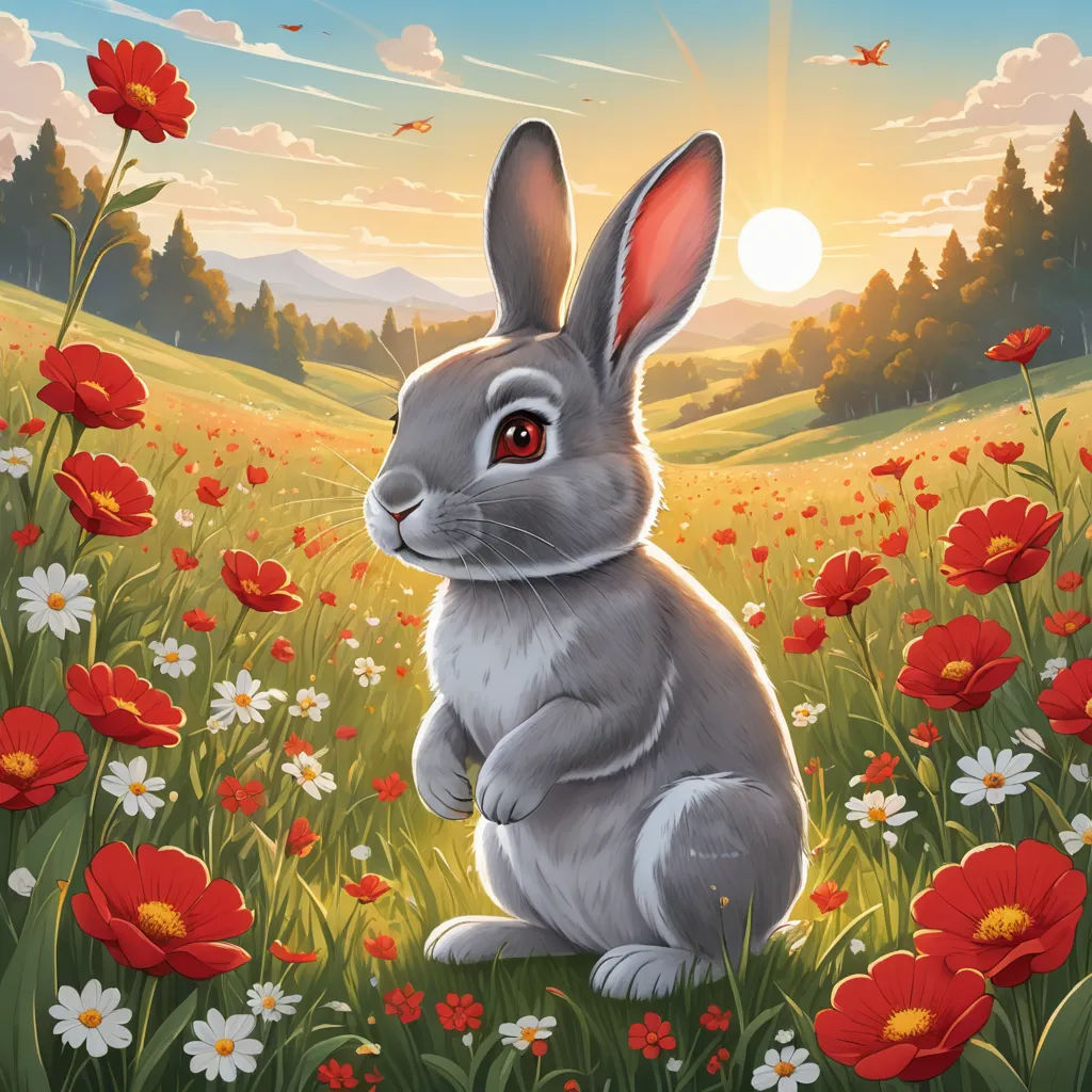 a rabbit sitting in a field of flowers with the sun in the background and a field of red flowers, pop surrealism, an airbrush painting, Anne Stokes, rossdraws global illumination