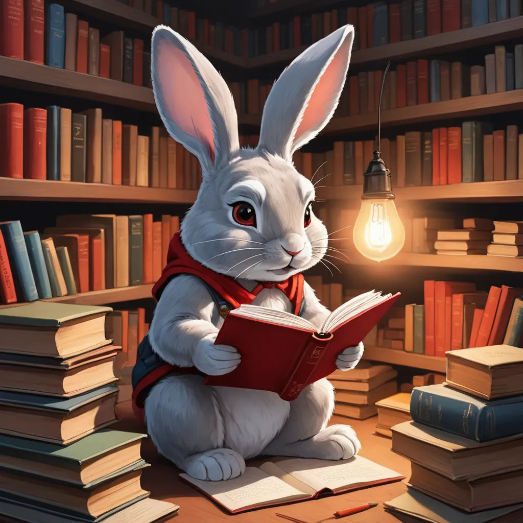 a rabbit reading a book in a library with a light bulb above it and books on the floor behind it, fantasy art, a storybook illustration, Chris LaBrooy, rossdraws global illumination