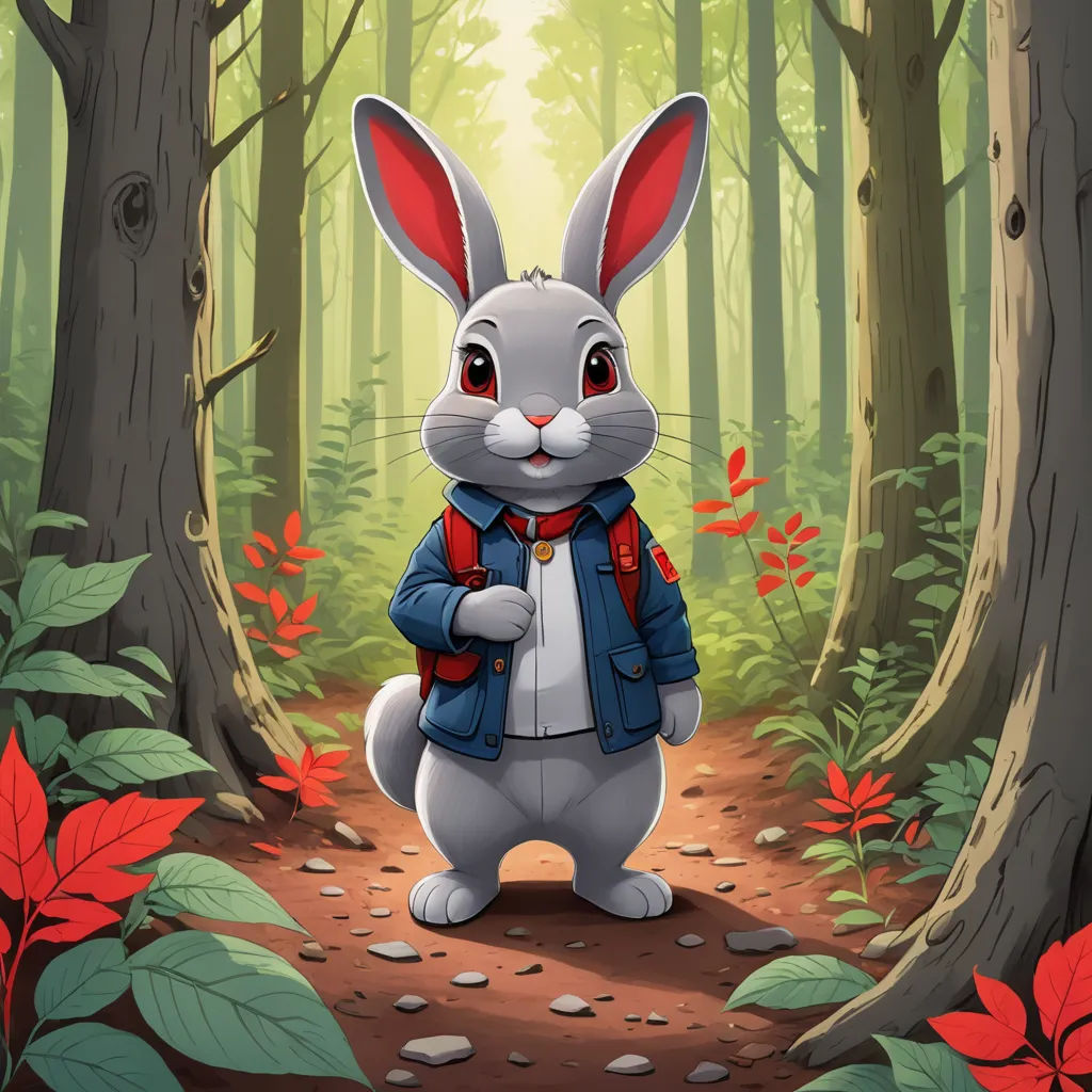 a cartoon rabbit in a forest with a backpack on his back and a red bow tie around his neck, sots art, a storybook illustration, Dan Mumford, official art