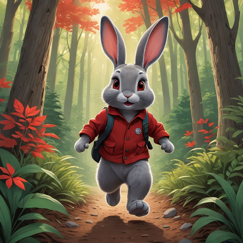 a rabbit is running through a forest with red flowers and trees in the background, with a backpack on his back, furry art, a digital painting, Aaron Jasinski, rossdraws global illumination