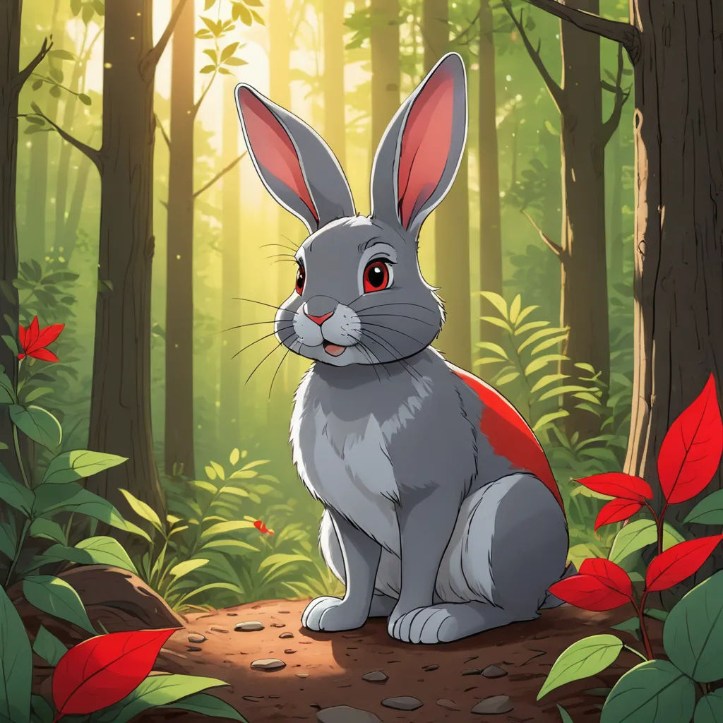 a rabbit sitting in the middle of a forest with red leaves on the ground and a bright light shining on the trees, sots art, concept art, Beatrix Potter, official art