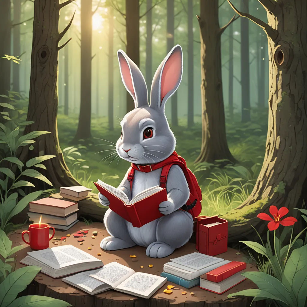 a rabbit sitting on a stump reading a book in the woods with a candle and books nearby on the ground, fantasy art, a storybook illustration, Chris LaBrooy, rossdraws global illumination