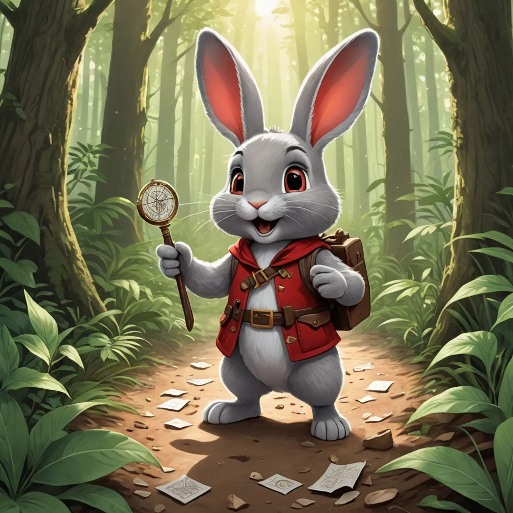 a rabbit holding a compass and a pocket watch in a forest with leaves and trees on the ground and a trail, altermodern, a storybook illustration, Chris LaBrooy, rossdraws global illumination