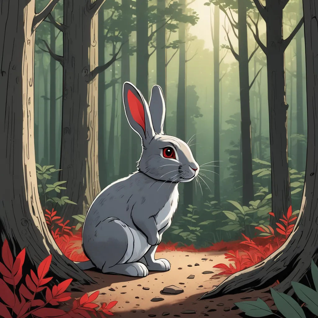 a rabbit sitting in the middle of a forest with red leaves on the ground and a path leading to it, furry art, a storybook illustration, Dan Mumford, rossdraws global illumination