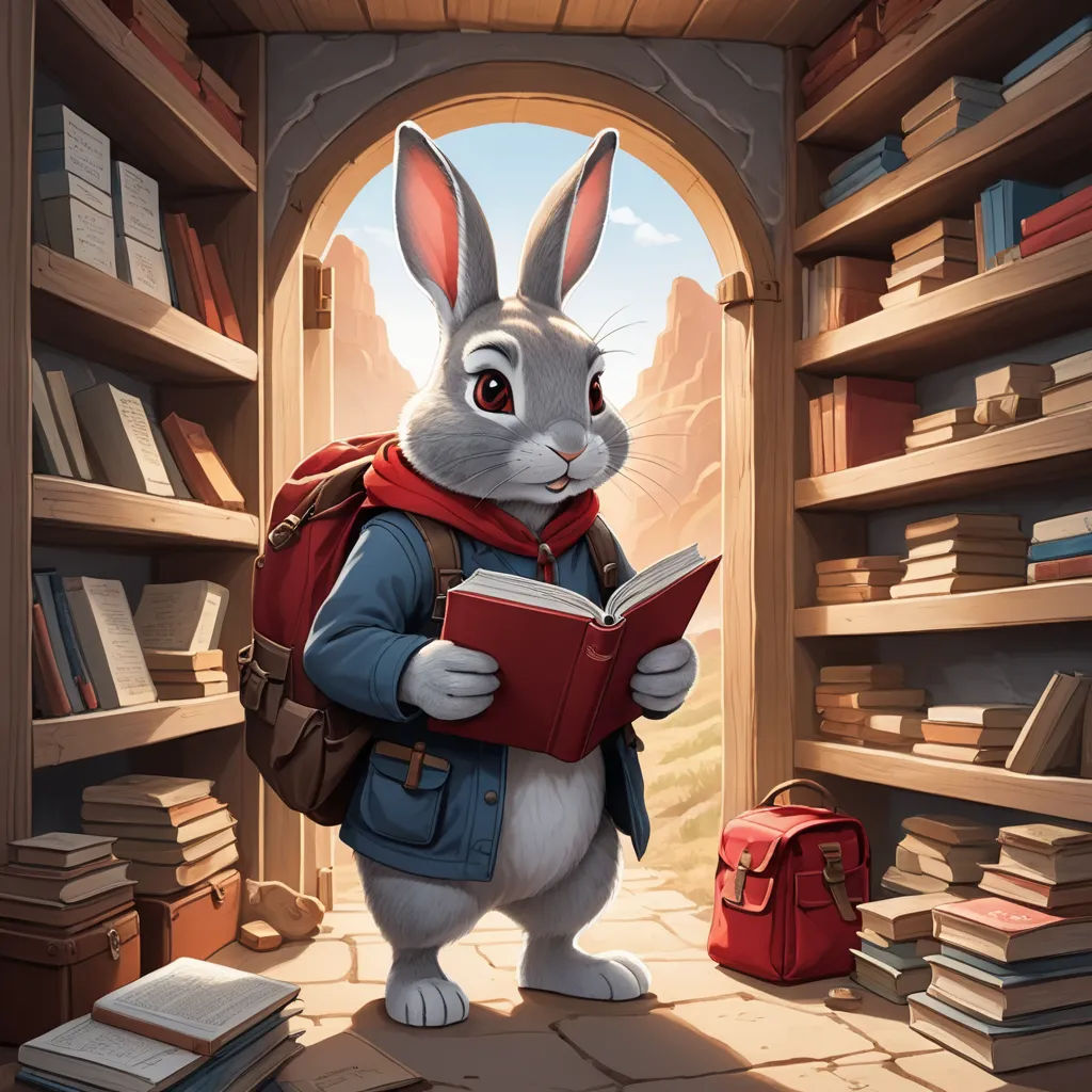 a rabbit is reading a book in a library with a red backpack and a red backpack on his back, furry art, a storybook illustration, Chris LaBrooy, rossdraws global illumination