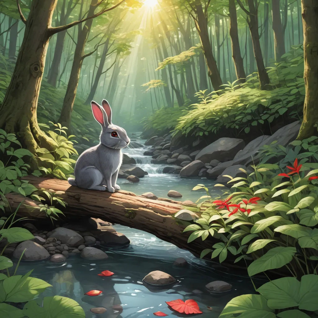 a rabbit sitting on a log in a forest with a stream running through it and a sunbeam in the background, magical realism, a storybook illustration, Chris LaBrooy, rossdraws global illumination