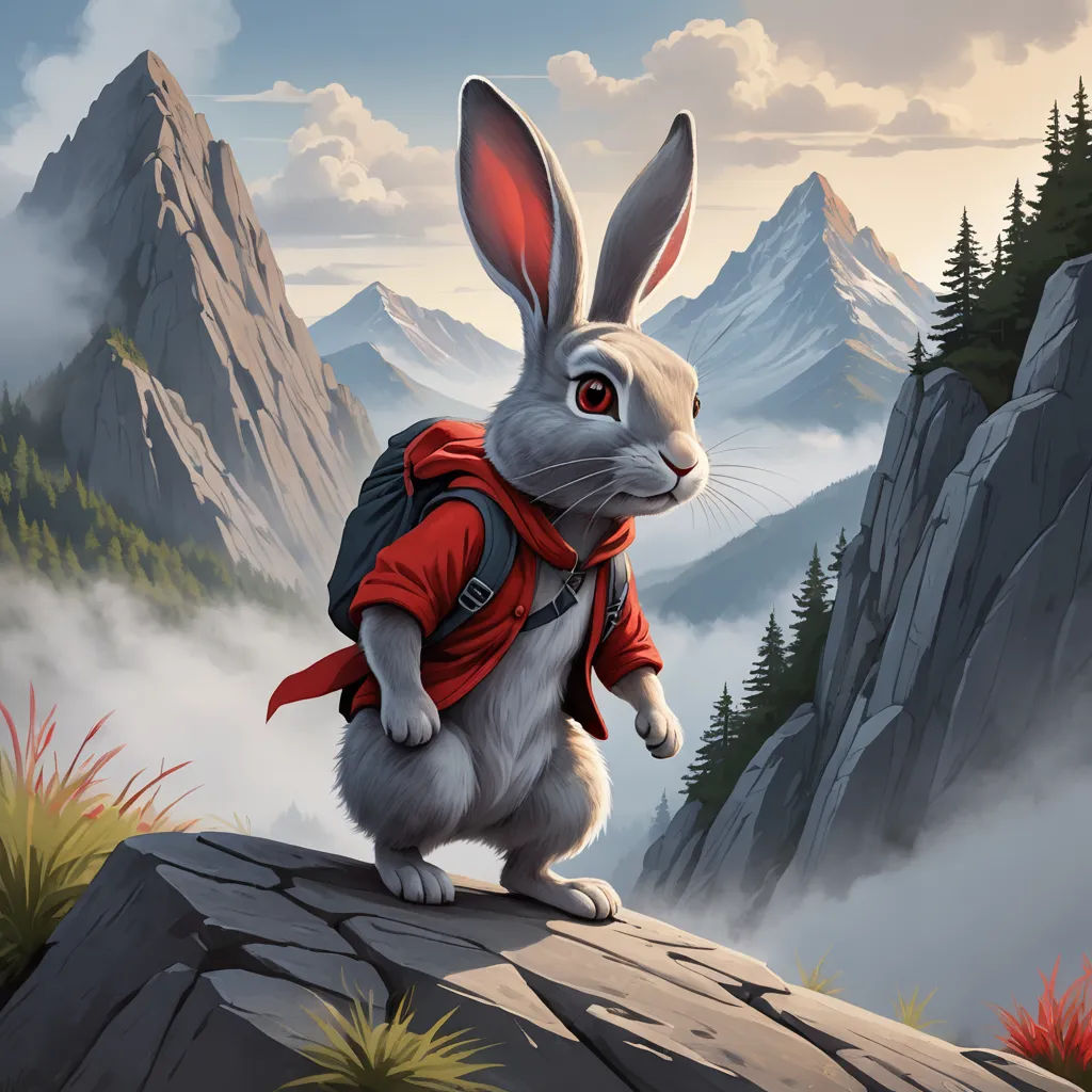 a rabbit with a backpack on a mountain top with a view of the mountains and clouds in the background, furry art, an ultrafine detailed painting, Chris LaBrooy, trending on art station