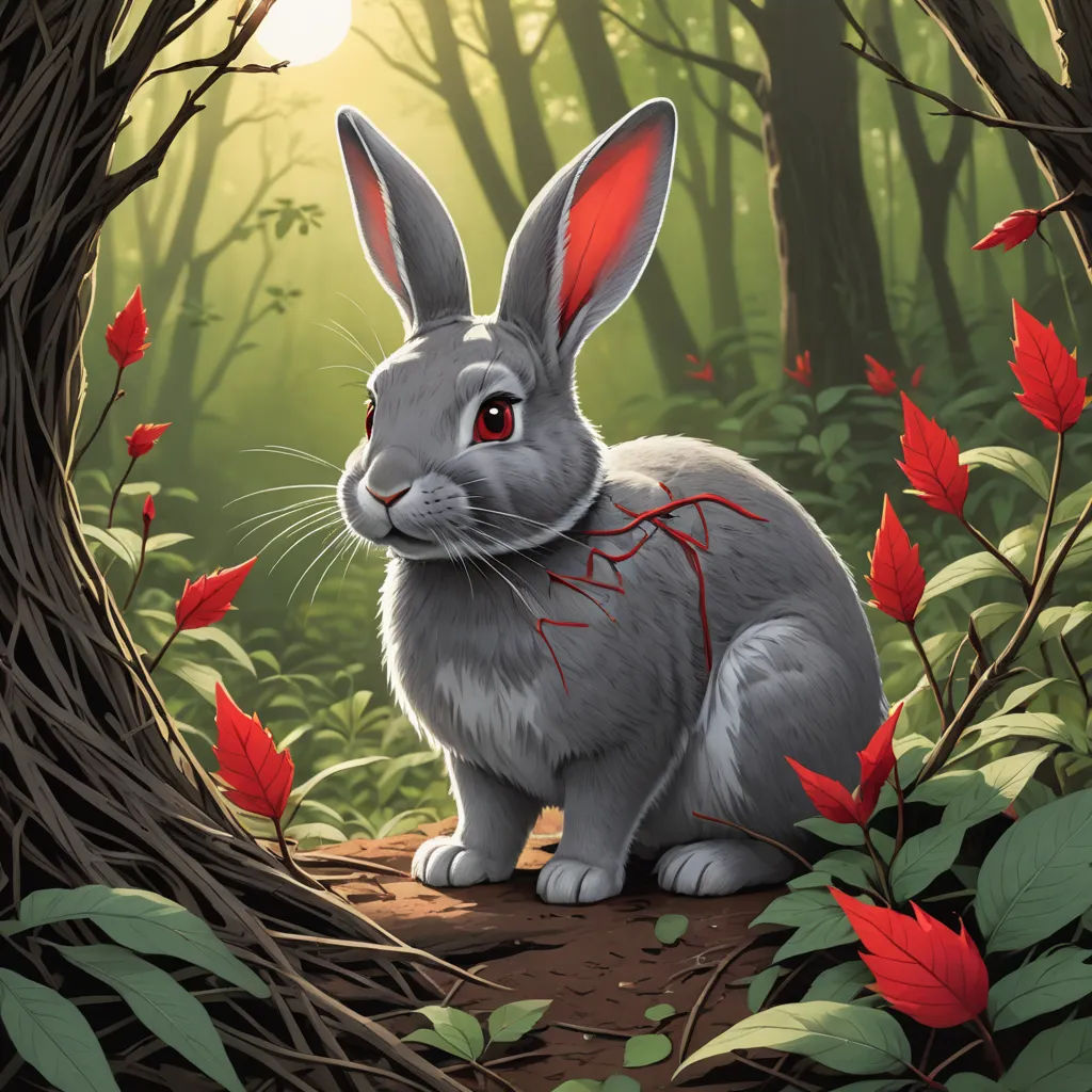 a rabbit sitting in the middle of a forest with red leaves around it's neck and eyes, with a red ribbon around its neck, altermodern, a character portrait, Aaron Jasinski, magic the gathering artwork