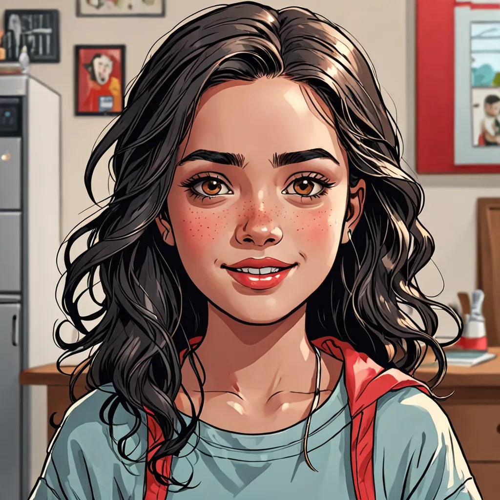 a girl with a backpack is looking at the camera and smiling at the camera, with a refrigerator in the background, sots art, a character portrait, Constance Gordon-Cumming, character portrait