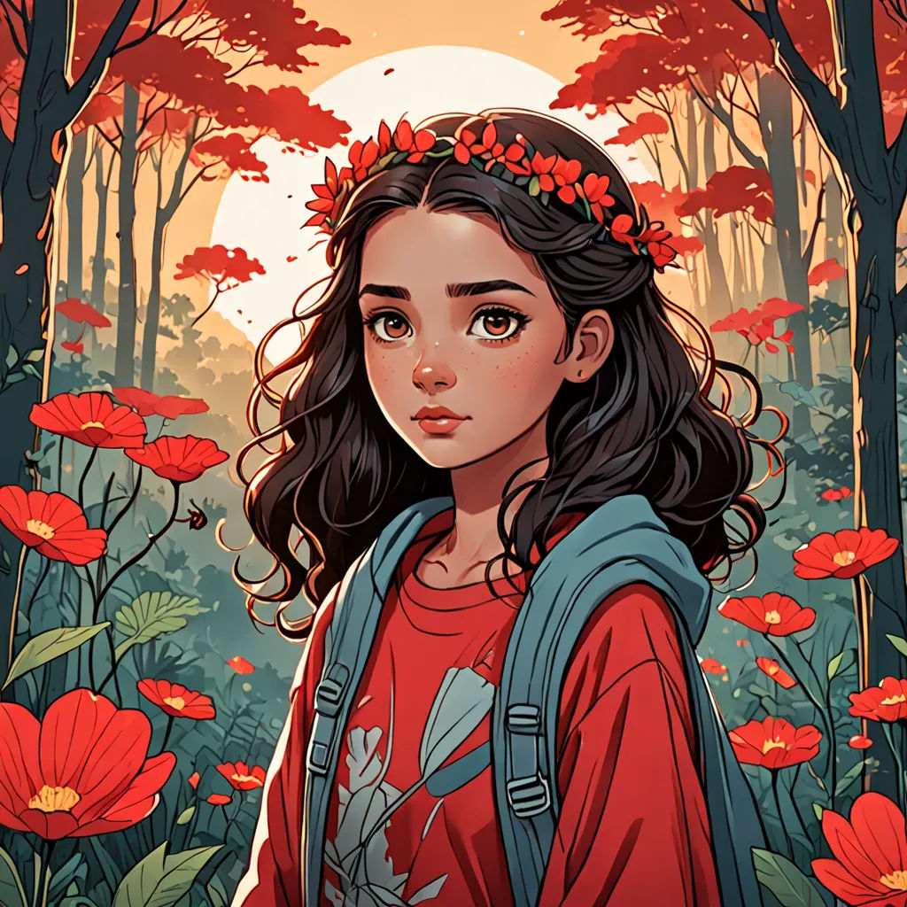 a girl with a backpack standing in a forest with red flowers on her head and a sun in the background, fantasy art, a character portrait, Artgerm, rossdraws global illumination