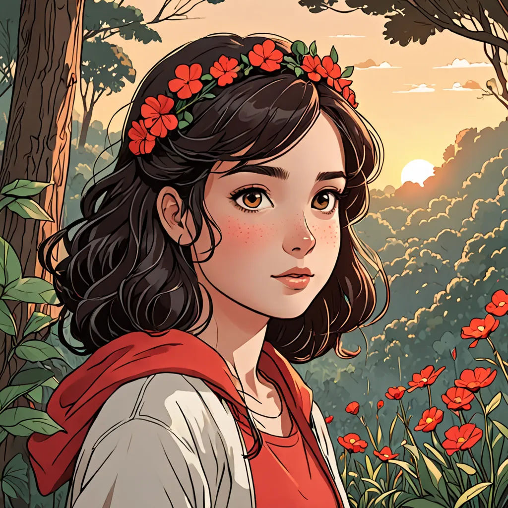 a girl with a flower crown on her head standing in a forest with red flowers in her hair and a red scarf around her neck, fantasy art, a character portrait, Atey Ghailan, trending on art station
