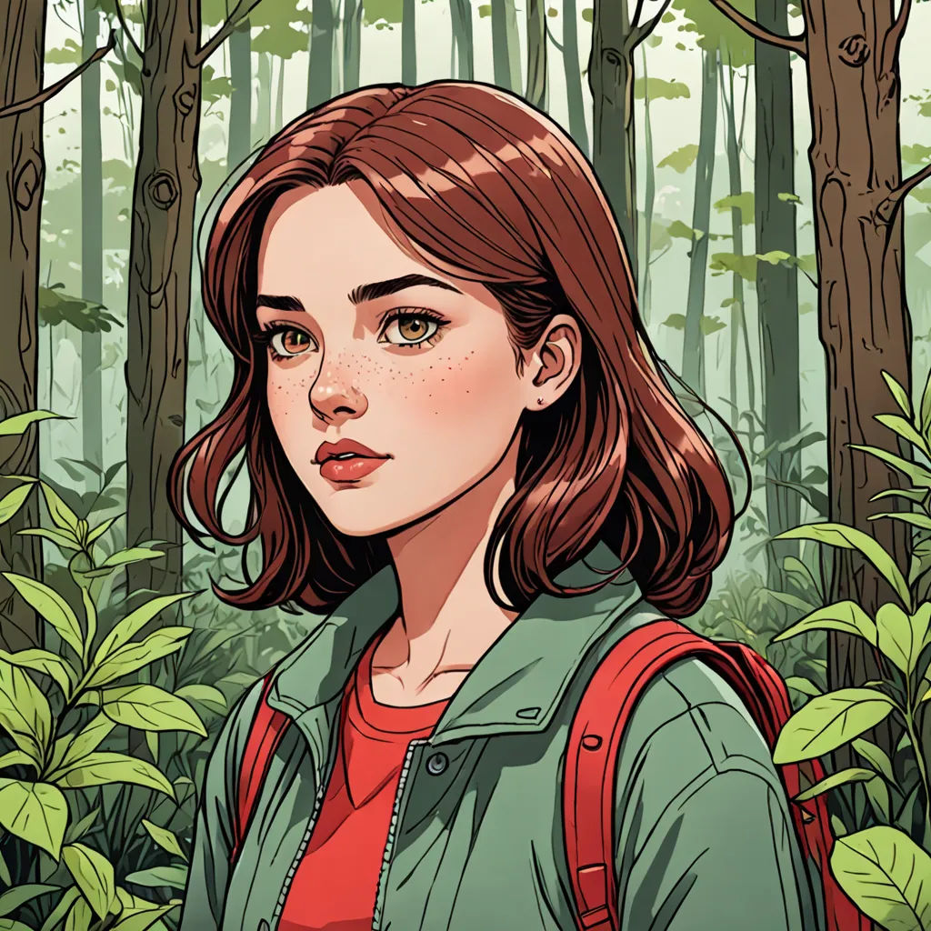 a woman with a backpack standing in a forest with trees and plants behind her, looking at the camera, context art, a character portrait, Atey Ghailan, comic cover art