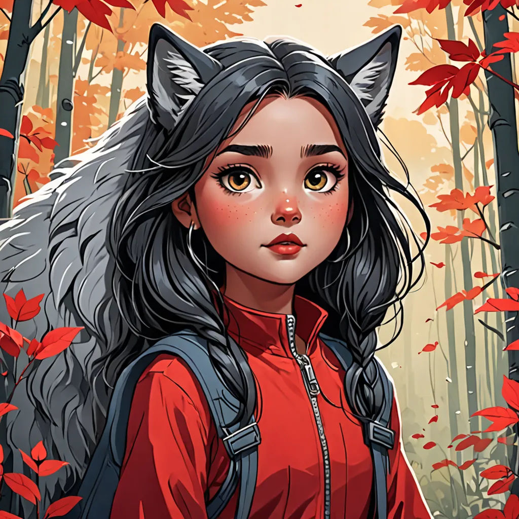 a girl with a backpack and a wolf ears on her head in a forest with red leaves and a forest background, furry art, a character portrait, Artgerm, comic cover art