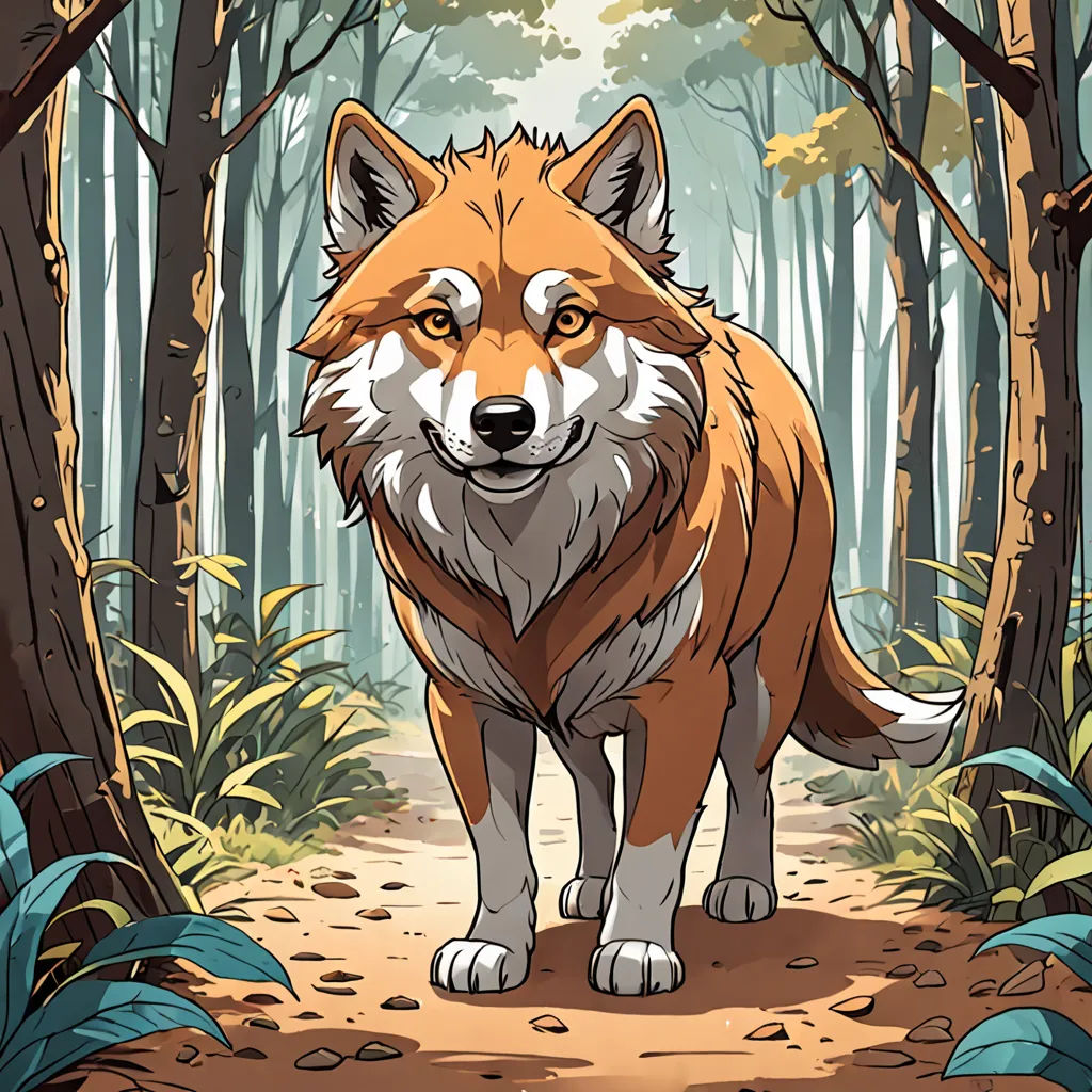 a fox standing in the middle of a forest with trees and leaves on the ground and a path leading to it, furry art, a character portrait, Chris LaBrooy, official art