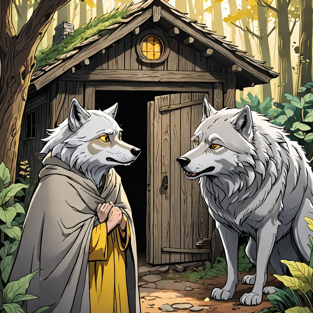 a man and a wolf standing in front of a small cabin in the woods with a door open to a small cabin, fantasy art, a storybook illustration, Dan Mumford, comic cover art
