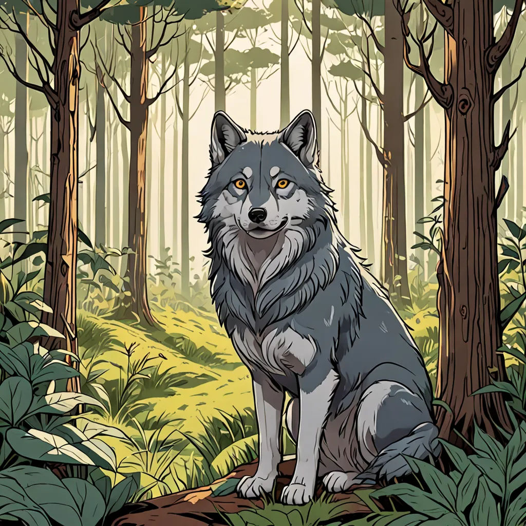 a wolf sitting in the middle of a forest with trees and plants around it, looking at the camera, environmental art, a character portrait, Dan Mumford, josan gonzales and dan mumford
