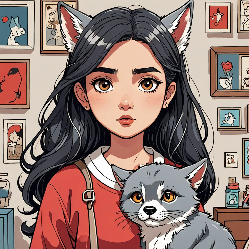 a woman holding a cat in her arms in a room with pictures on the wall and a cat on her shoulder, furry art, a storybook illustration, Artgerm, anime art