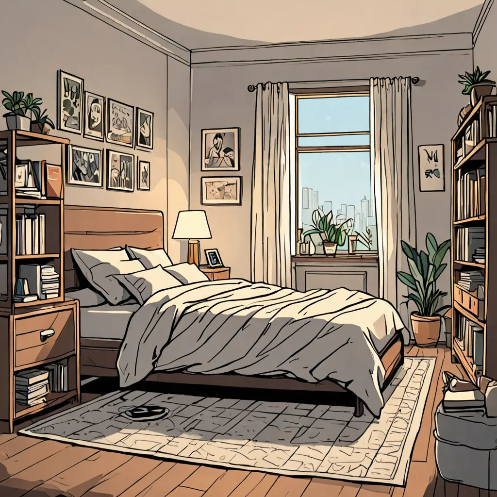 a bedroom with a bed, a bookcase, a window, and a rug on the floor in front of a window, context art, a comic book panel, Chip Zdarsky, graphic novel