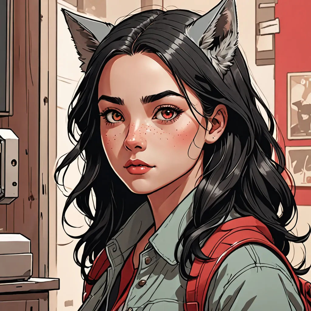 a woman with a cat ears on her head and a backpack on her shoulder, standing in a kitchen, furry art, a comic book panel, Artgerm, stanley artgerm lau