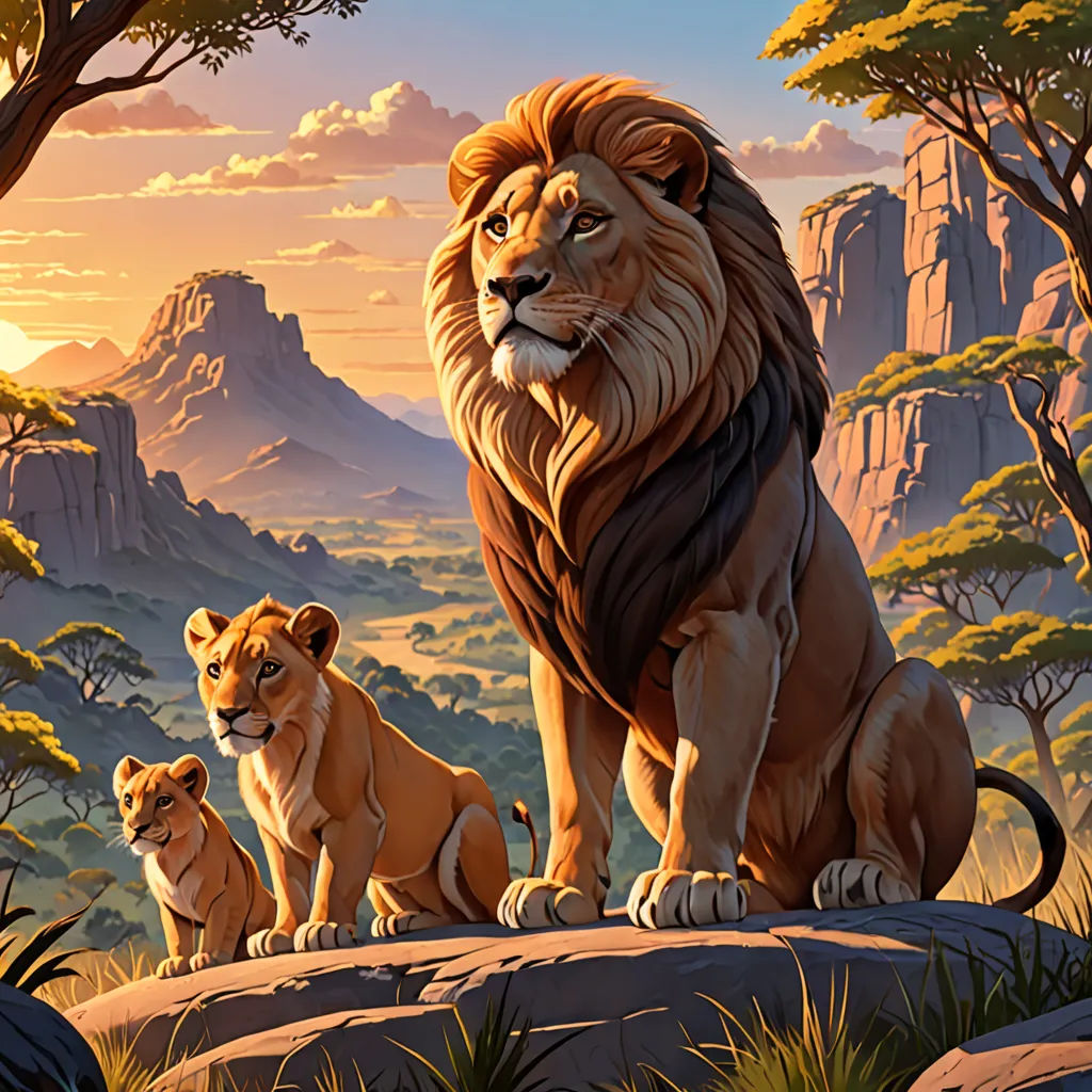 a lion family standing on a rock in the jungle with a mountain background and trees in the background, with a sunset in the background, furry art, a detailed matte painting, Brothers Hildebrandt, official art
