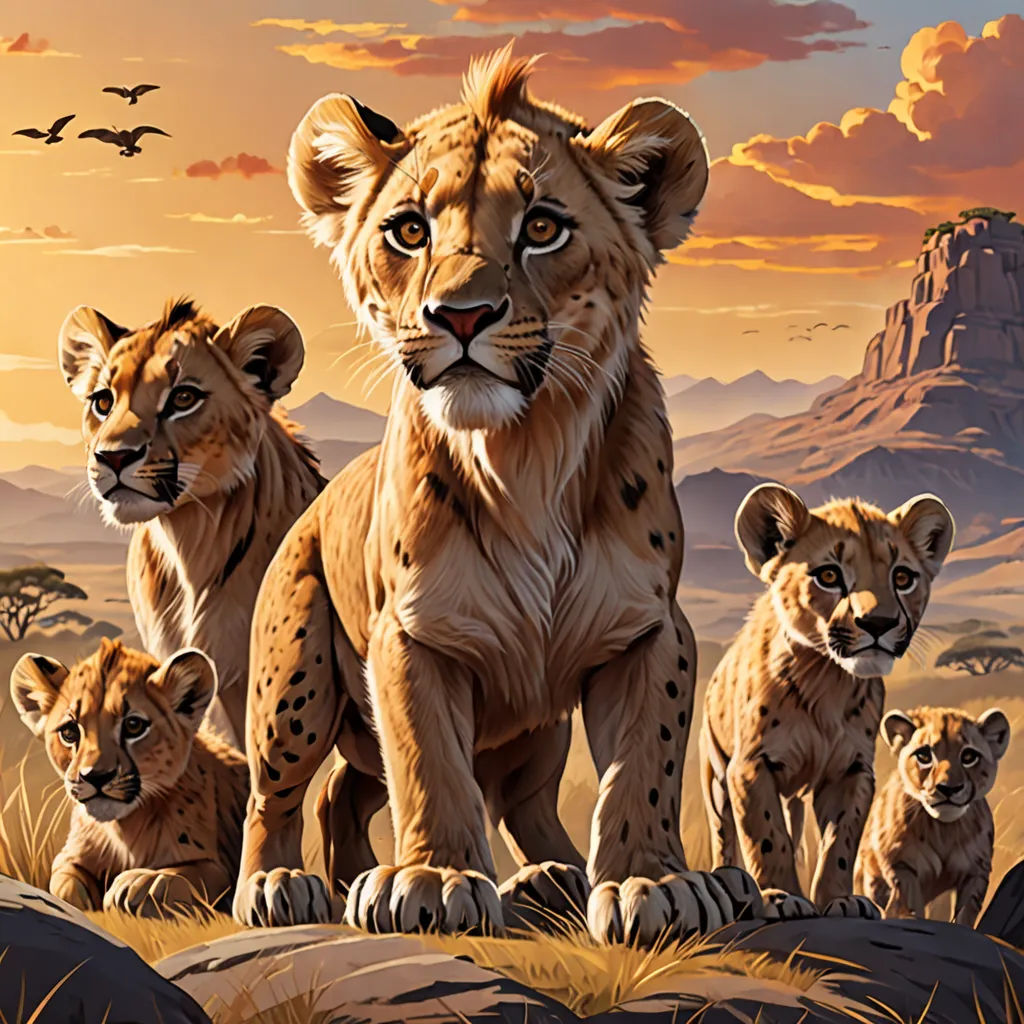 a painting of a lion family in the wild with a sunset in the background and birds flying overhead in the sky, furry art, a digital painting, Brothers Hildebrandt, official art