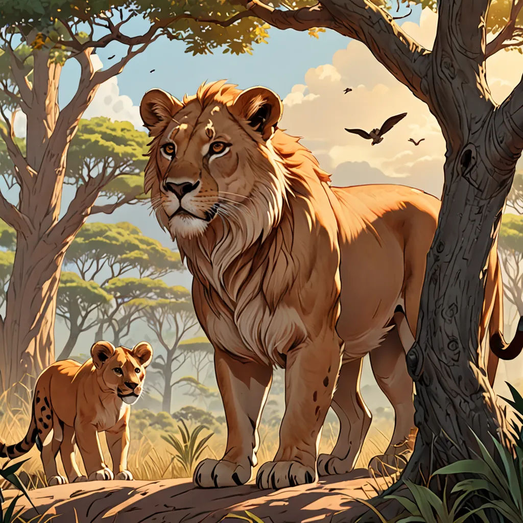 a painting of a lion and cub in a forest with birds flying overhead and trees in the background,, fantasy art, a storybook illustration, Chris LaBrooy, trending on art station