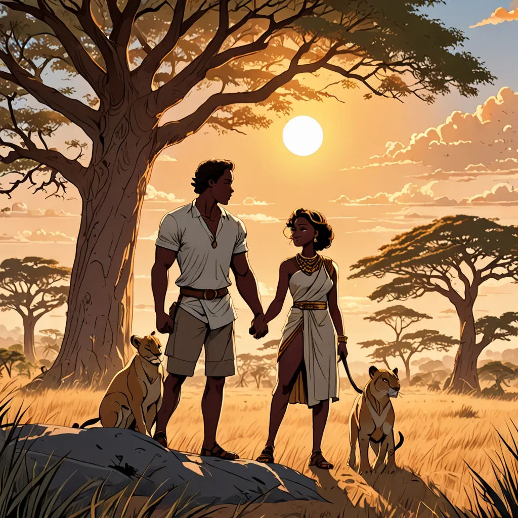 a man and woman holding hands while standing in front of a tree with a dog on a leash in front of them, afrofuturism, a comic book panel, Don Bluth, graphic novel