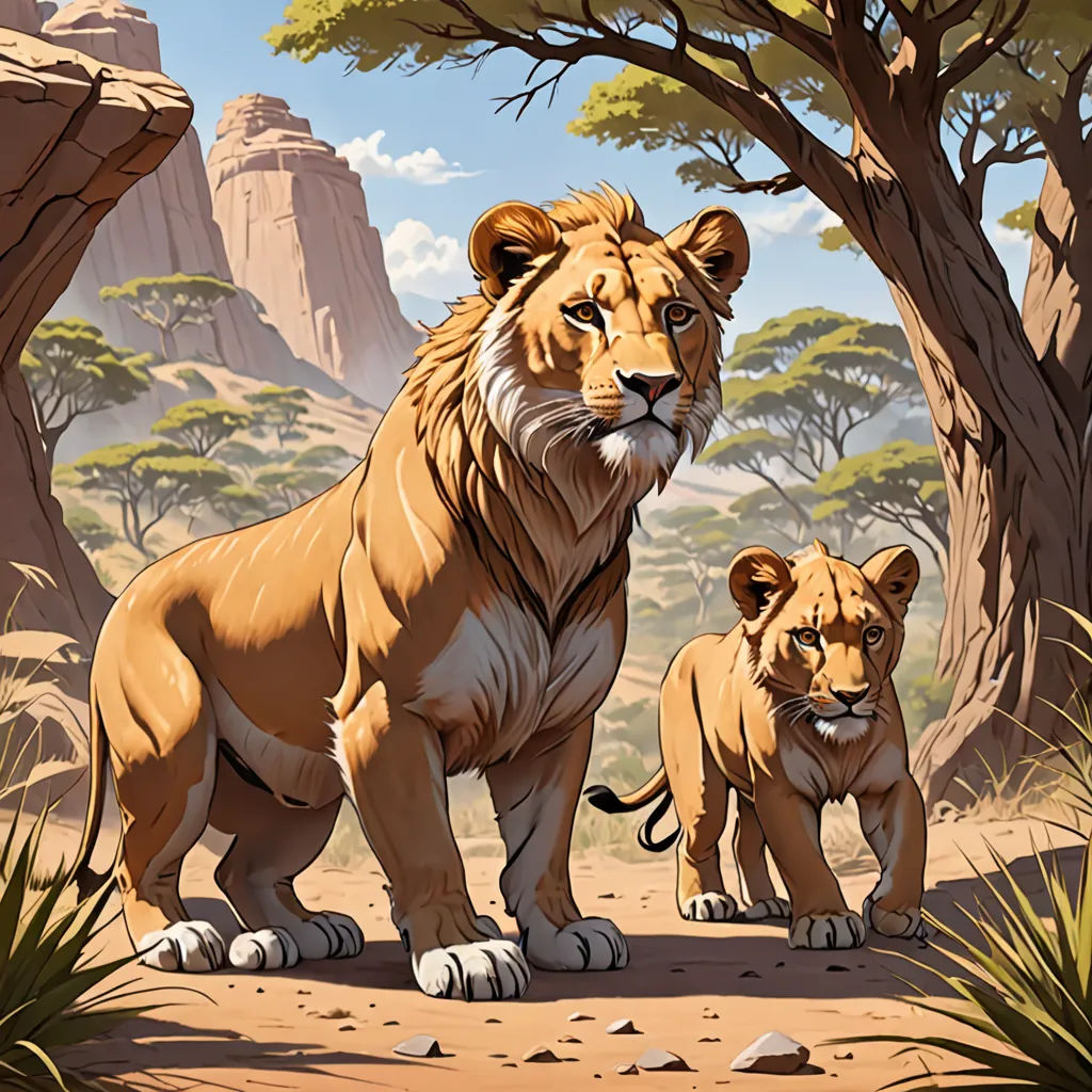 a painting of two lions in a desert setting with trees and rocks in the background, and a mountain range in the background, furry art, concept art, Brothers Hildebrandt, official art