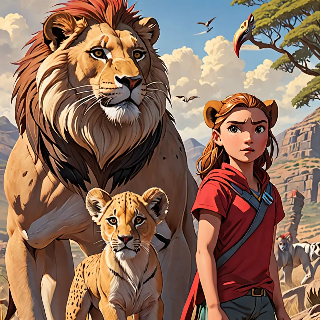 a woman standing next to a lion and a lion cub in a field of wild animals with a sky background, furry art, poster art, Chris LaBrooy, key art