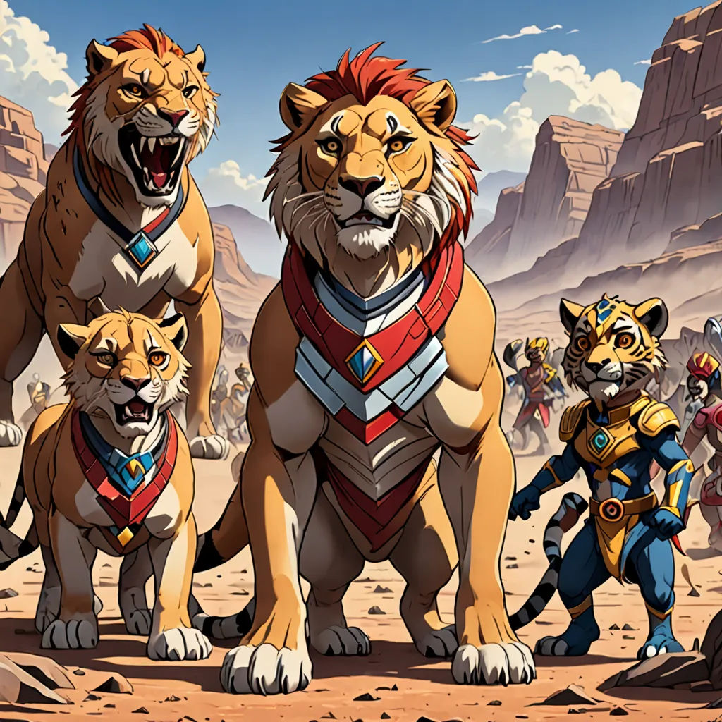 a group of lions standing on top of a desert covered ground next to a mountain range with people in costume, sots art, concept art, Chris LaBrooy, official art