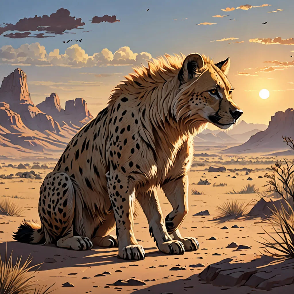 a painting of a hyena sitting in the desert at sunset with a bird flying overhead in the background, furry art, an airbrush painting, Brothers Hildebrandt, rossdraws global illumination
