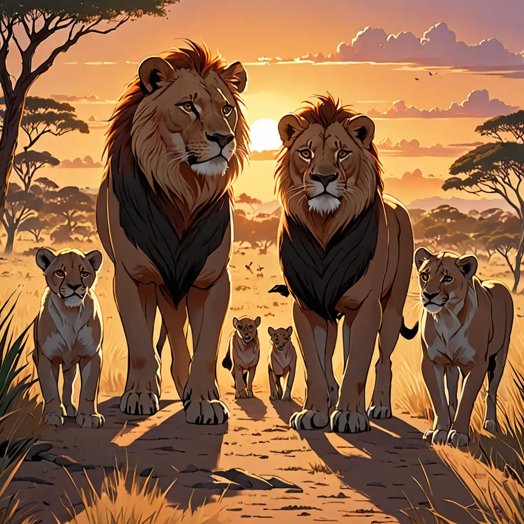 a group of lions standing on a dirt road in front of a sunset with trees and bushes in the background, furry art, a comic book panel, Chris LaBrooy, official art